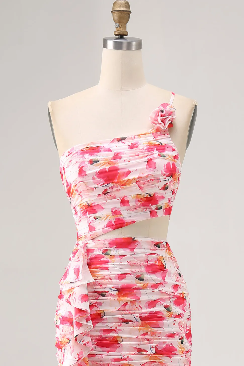 Bainha vermelha recorte um ombro estampado vestido de casamento floral convidado