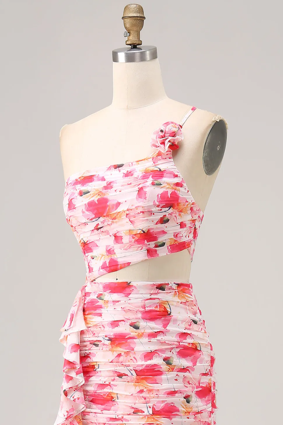 Bainha vermelha recorte um ombro estampado vestido de casamento floral convidado