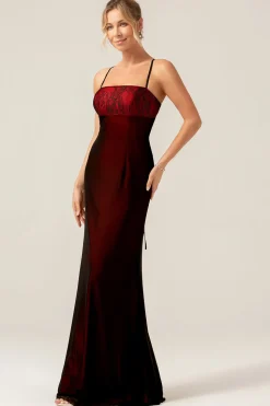 Bainha Vestido de Madrinha Vermelho Preto com Renda Traseira