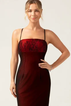 Bainha Vestido de Madrinha Vermelho Preto com Renda Traseira