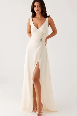 Bainha V-Neck Vestido de Noite Marfim Com Fenda