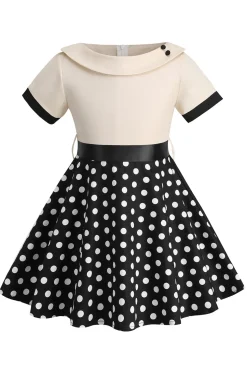Bateau Pescoço Polka Dots Branco Vintage Vestidos De Menina