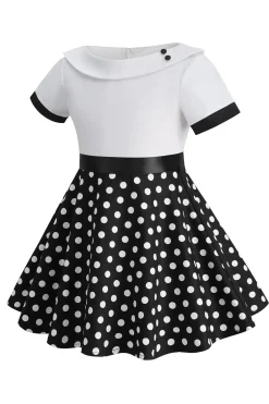 Bateau Pescoço Polka Dots Branco Vintage Vestidos De Menina