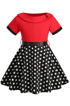 Bateau Pescoço Polka Dots Branco Vintage Vestidos De Menina