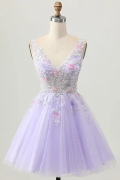 Beaded A Line Sequins Appliqued Lilac Short Homecoming Dress