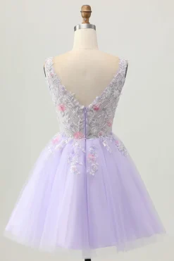 Beaded A Line Sequins Appliqued Lilac Short Homecoming Dress