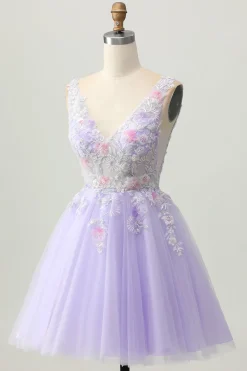 Beaded A Line Sequins Appliqued Lilac Short Homecoming Dress