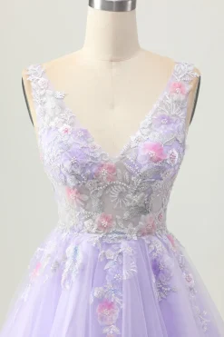 Beaded A Line Sequins Appliqued Lilac Short Homecoming Dress