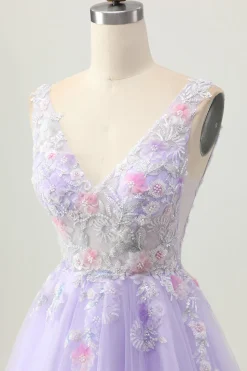 Beaded A Line Sequins Appliqued Lilac Short Homecoming Dress