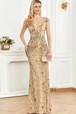 Beading Golden Sheath Vestido Formal com V-neck