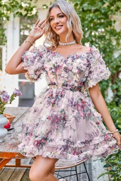 Beautiful A Line Off the Shoulder Dusty Rose Tulle Vestido Curto Homecoming com mangas curtas