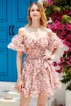 Beautiful A Line Off the Shoulder Dusty Rose Tulle Vestido Curto Homecoming com mangas curtas