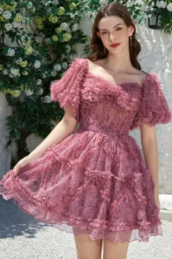 Beautiful A Line Off the Shoulder Dusty Rose Tulle Vestido Curto Homecoming com mangas curtas