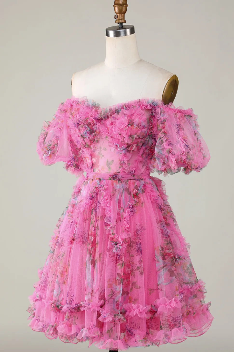 Beautiful A Line Off the Shoulder Dusty Rose Tulle Vestido Curto Homecoming com mangas curtas