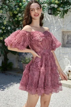 Beautiful A Line Off the Shoulder Dusty Rose Tulle Vestido Curto Homecoming com mangas curtas