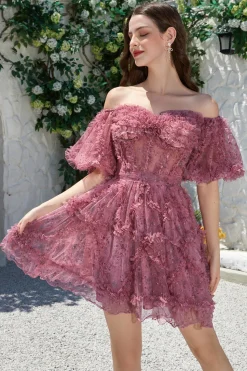 Beautiful A Line Off the Shoulder Dusty Rose Tulle Vestido Curto Homecoming com mangas curtas