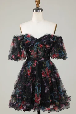 Beautiful A Line Off the Shoulder Dusty Rose Tulle Vestido Curto Homecoming com mangas curtas