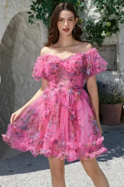 Beautiful A Line Off the Shoulder Fuchsia Tulle Vestido Curto Homecoming com mangas curtas
