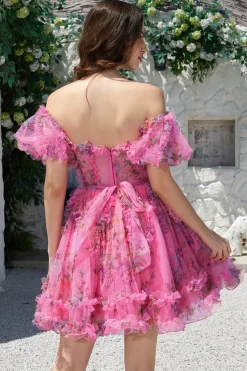 Beautiful A Line Off the Shoulder Fuchsia Tulle Vestido Curto Homecoming com mangas curtas