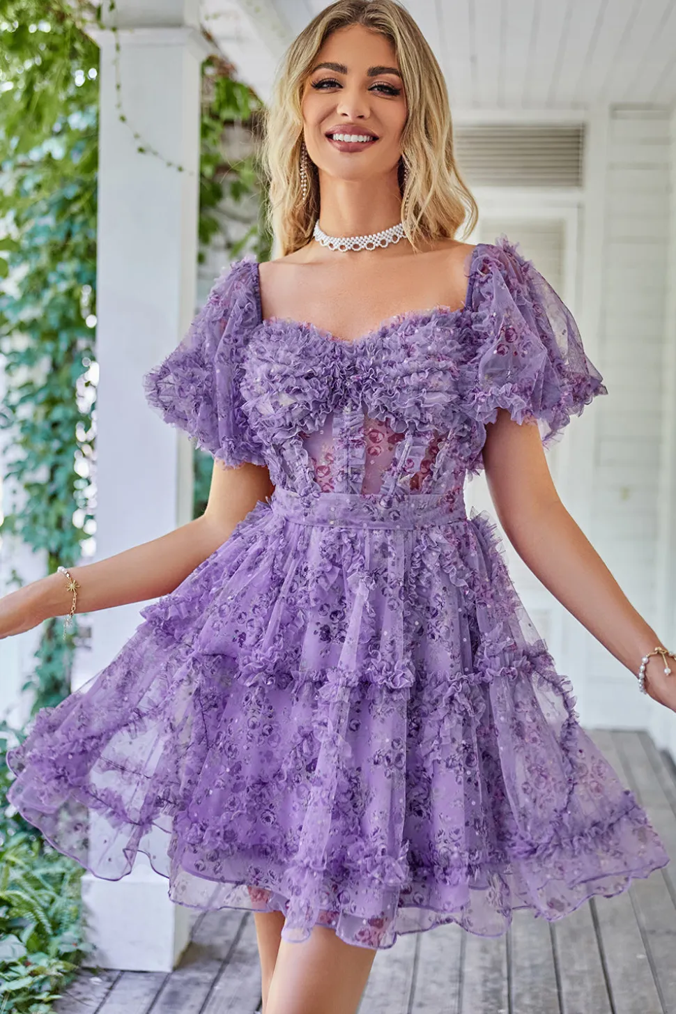 Beautiful A Line Off the Shoulder Fuchsia Tulle Vestido Curto Homecoming com mangas curtas