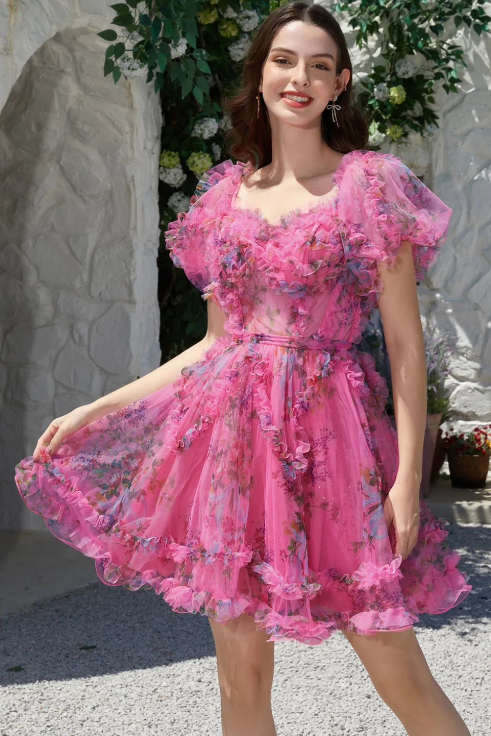 Beautiful A Line Off the Shoulder Fuchsia Tulle Vestido Curto Homecoming com mangas curtas