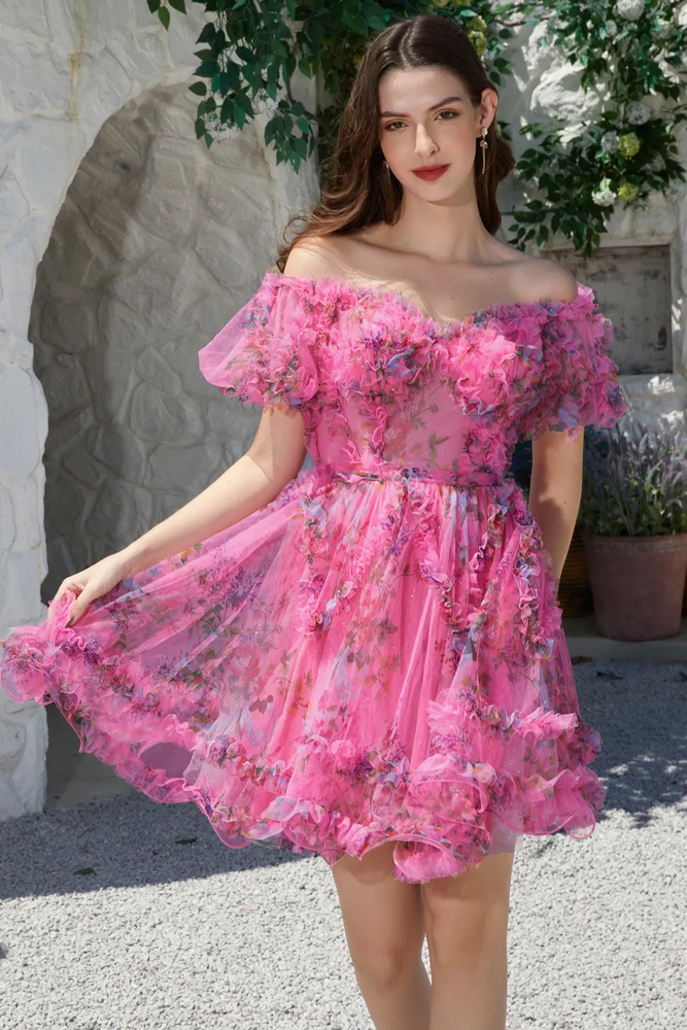 Beautiful A Line Off the Shoulder Fuchsia Tulle Vestido Curto Homecoming com mangas curtas