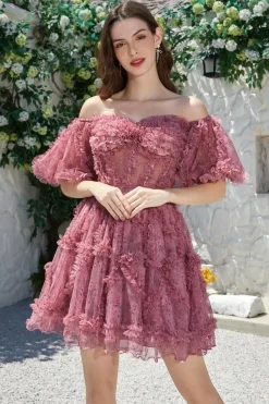 Beautiful A Line Off the Shoulder Fuchsia Tulle Vestido Curto Homecoming com mangas curtas