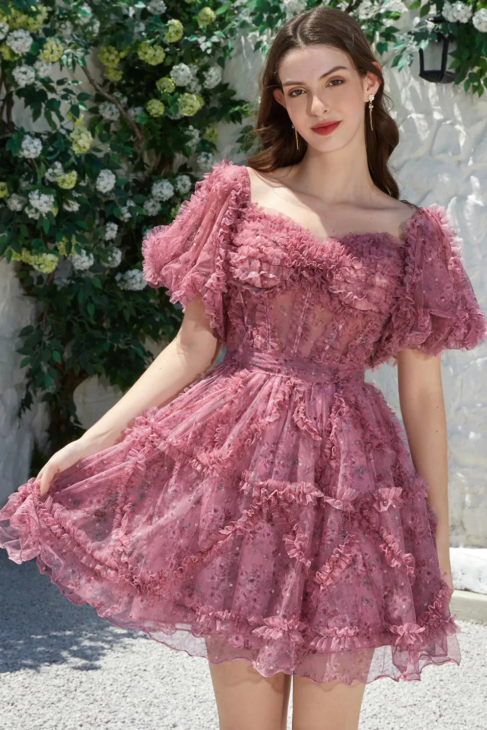 Beautiful A Line Off the Shoulder Fuchsia Tulle Vestido Curto Homecoming com mangas curtas