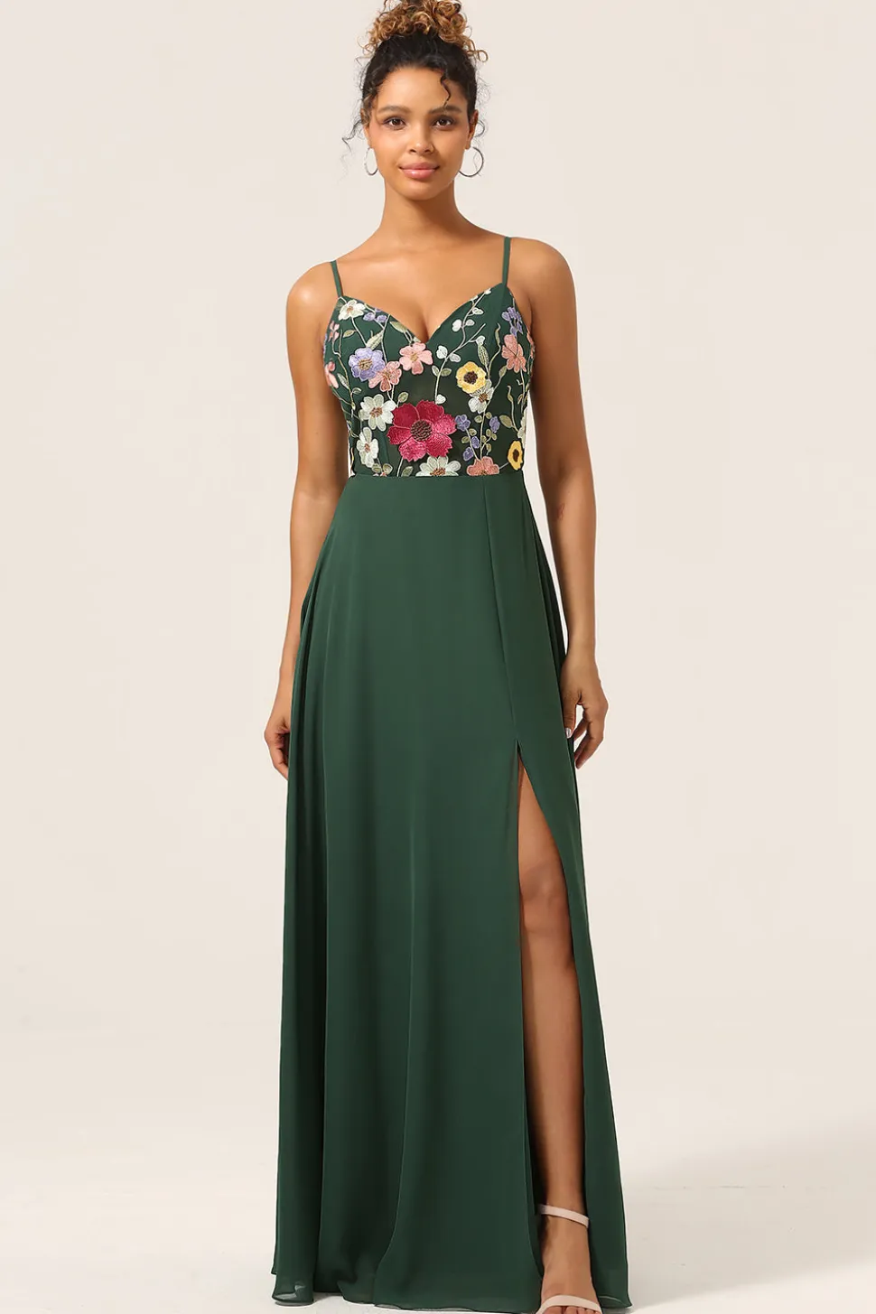 Beleza A-Line Espaghetti Correias Verde Escuro Vestido Longo Madrinha com Flores 3D
