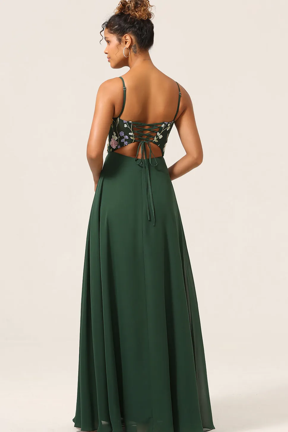 Beleza A-Line Espaghetti Correias Verde Escuro Vestido Longo Madrinha com Flores 3D