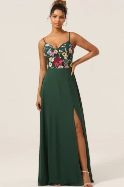 Beleza A-Line Espaghetti Correias Verde Escuro Vestido Longo Madrinha com Flores 3D