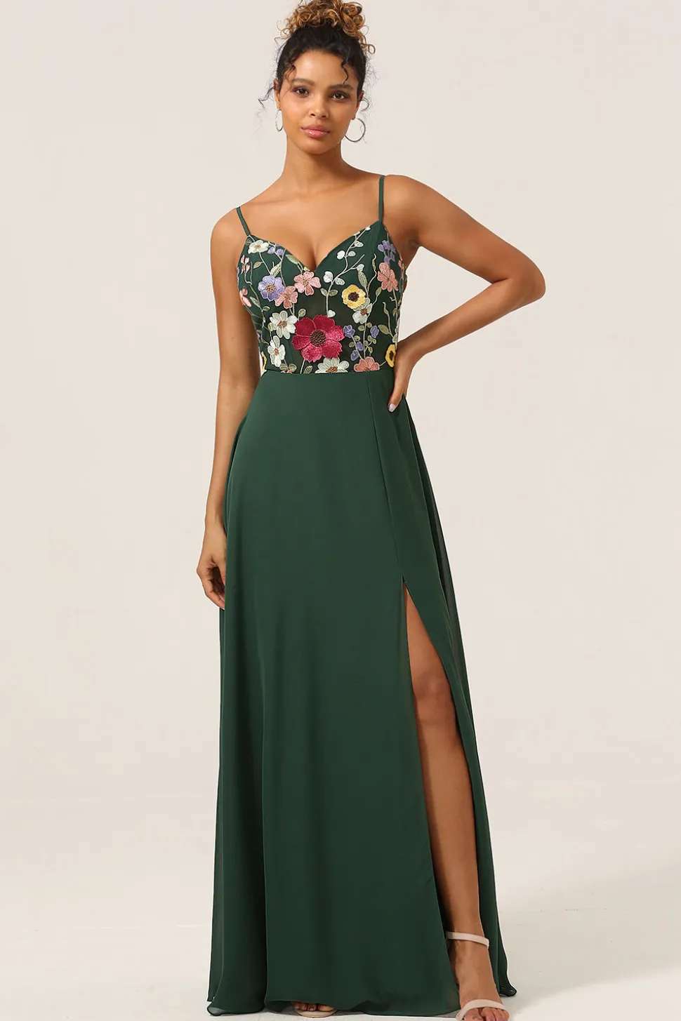 Beleza A-Line Espaghetti Correias Verde Escuro Vestido Longo Madrinha com Flores 3D