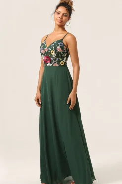 Beleza A-Line Espaghetti Correias Verde Escuro Vestido Longo Madrinha com Flores 3D
