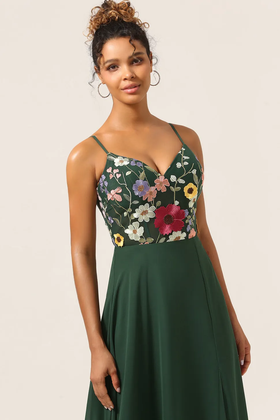Beleza A-Line Espaghetti Correias Verde Escuro Vestido Longo Madrinha com Flores 3D