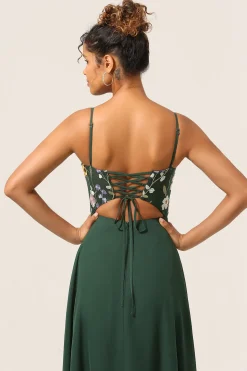 Beleza A-Line Espaghetti Correias Verde Escuro Vestido Longo Madrinha com Flores 3D