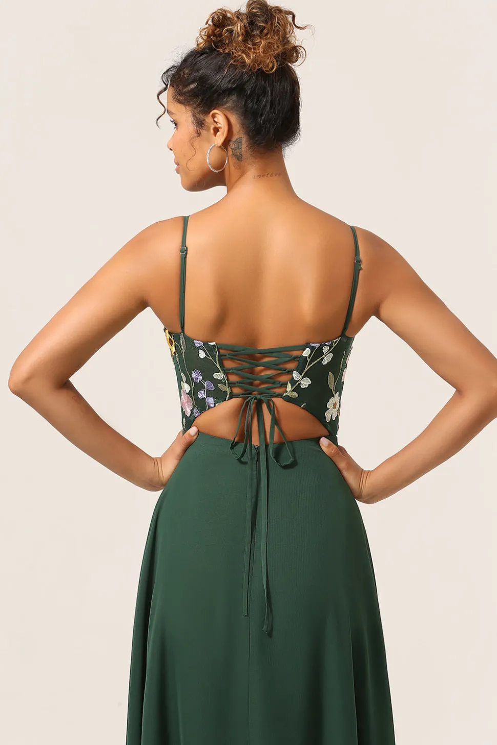 Beleza A-Line Espaghetti Correias Verde Escuro Vestido Longo Madrinha com Flores 3D