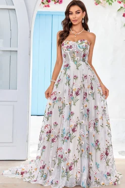 Beleza Uma Linha Querida Marfim Vestido de Noiva Longo com Bordado