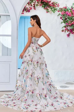 Beleza Uma Linha Querida Marfim Vestido de Noiva Longo com Bordado