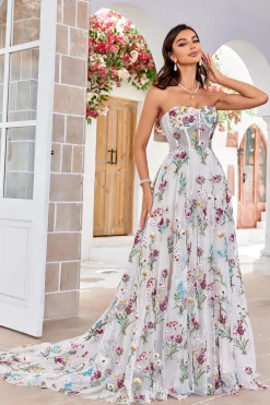 Beleza Uma Linha Querida Marfim Vestido de Noiva Longo com Bordado