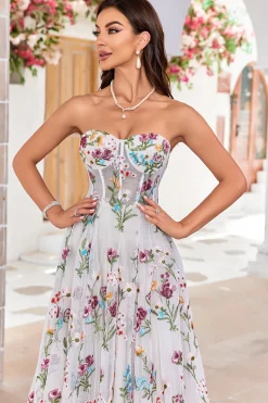 Beleza Uma Linha Querida Marfim Vestido de Noiva Longo com Bordado