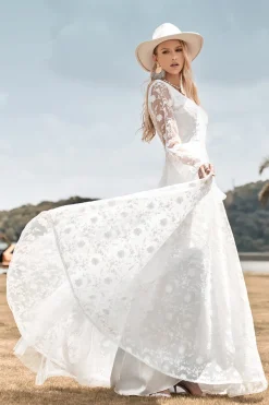 Beleza Uma Linha V Pescoço Marfim Renda Flare Mangas Vestido de Noiva