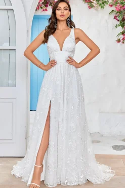 Beleza Uma Linha V-Neck Ivory Renda Vestido de Noiva Longo com Fenda