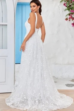 Beleza Uma Linha V-Neck Ivory Renda Vestido de Noiva Longo com Fenda