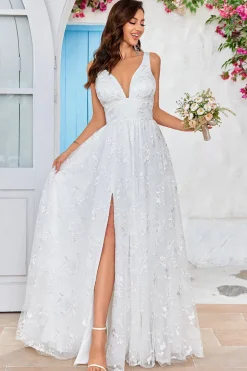 Beleza Uma Linha V-Neck Ivory Renda Vestido de Noiva Longo com Fenda