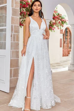Beleza Uma Linha V-Neck Ivory Renda Vestido de Noiva Longo com Fenda