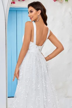 Beleza Uma Linha V-Neck Ivory Renda Vestido de Noiva Longo com Fenda