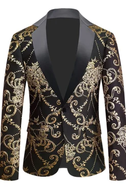 Black Golden Notched Lapela Jacquard Blazer Masculino