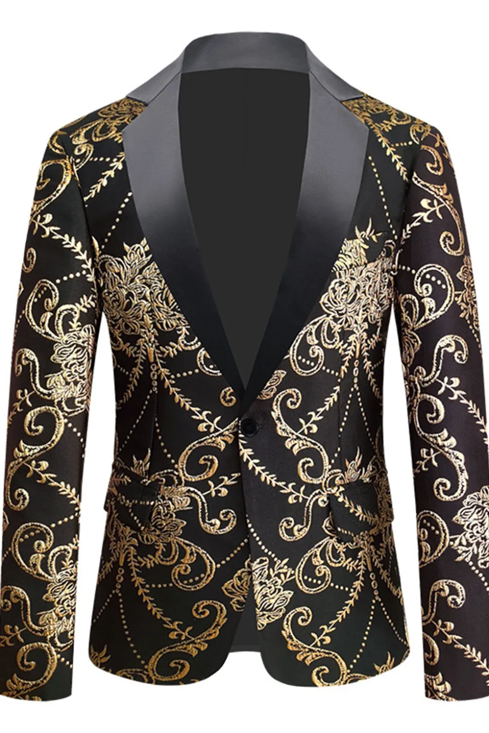 Black Golden Notched Lapela Jacquard Blazer Masculino
