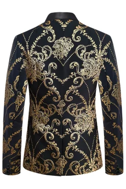 Black Golden Notched Lapela Jacquard Blazer Masculino