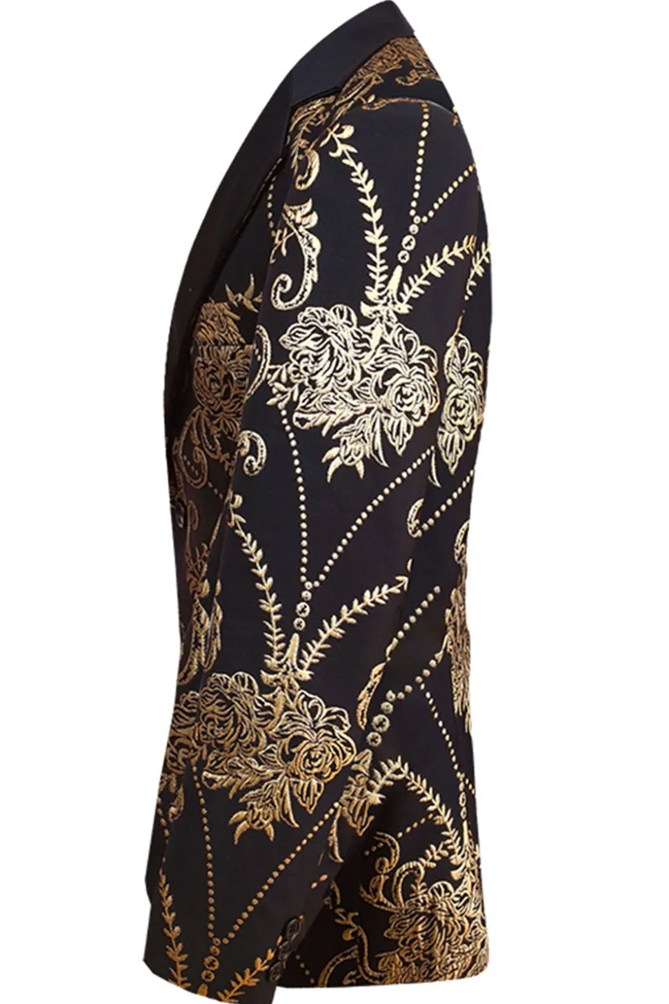 Black Golden Notched Lapela Jacquard Blazer Masculino